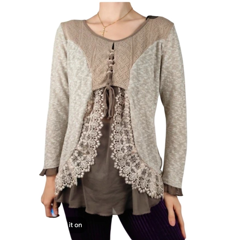 Boho Mixed Media Lace Trim Layered Tunic Top Marled Knit Brown Beige Small